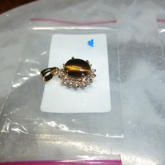 18K Gold Electroplate Tiger's Eye Swarovski Crystals Pendant - Picture 12 of 16